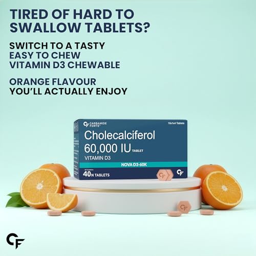 Image of Carbamide Forte Vitamin D3 60000IU Tablets | Vitamin D3 60k Supplement | Vitamin D Supplements | Cholecalciferol 60000 iu Supplement for men & women | Orange Flavour - 40 Tablets