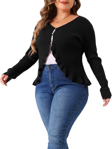 Image of Agnes Orinda Plus Size Cardigans for Women Long Sleeve Knit Sweater Open Front Ruffled Button Cardigan Outerwear
