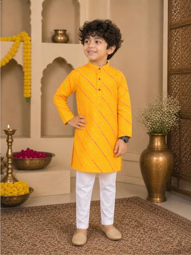 Image of superminis Cotton Boys Sanganeri Lehariya Printed Kurta Set with White Pyjama Elastic Closure
