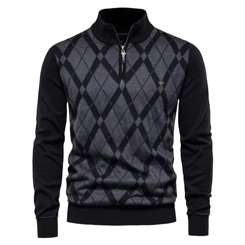 Men's Winter Sweaters Half High Collar Zipper Plaid Long Sleeve Pullover Fashion Casual Men's Warm Sweater