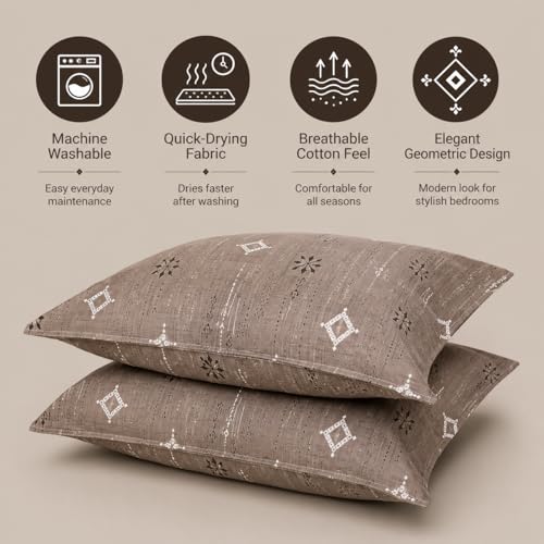 Image of 100% Pure Cotton King Size Bedsheet with 3 Pillow Covers | Family Size 90 x 100 Inches | Soft & Breathable Cotton Bedsheet fits Double Bed, Queen Bed, King Bed | Dark Beige Geometric Print