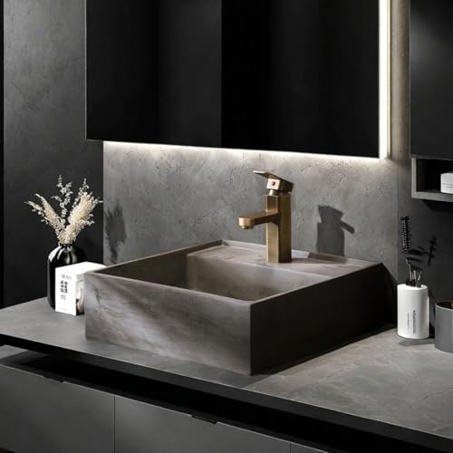 Lavabo sobre Encimera para el Hogar, Lavabo Baño, Lavabos de Encimera de Cerámica con Grifo, Lavabo Piedra Tocador de Piedra para Inodoro/baño(Gold)