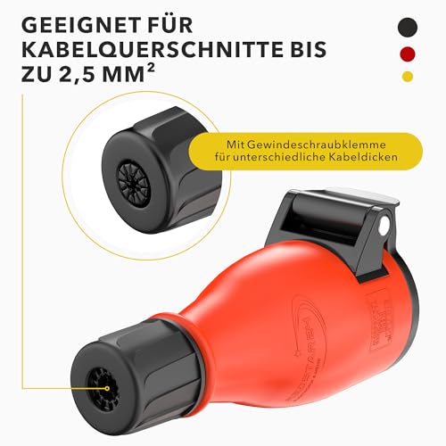 RedStar24 Schuko Kupplung 230V IP54-4er Set Robuste Steckdosen, 3-Polig, Gummi & Kunststoff, Schwarz Rot | Automatische Federabdeckung, Einhandbedienung | Ideal Outdoor Anwendungen