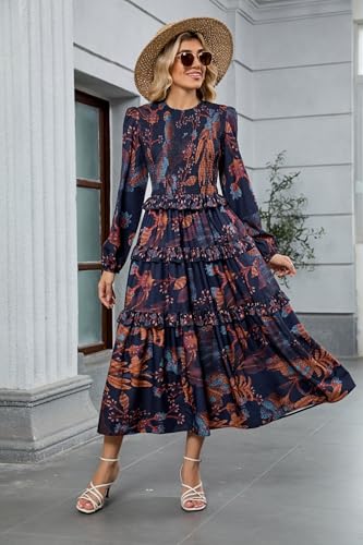 ZAFUL Womens Fall Floral Smocked Maxi Dress Long Puff Sleeve Bohemian Dresses Flowy Tiered Ruffle Wedding Guest Dress4