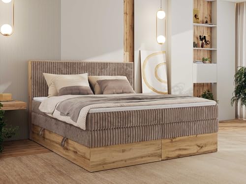 MKS MEBLE King Boxspringbett 180x200 Mit Bettkasten Eiche, Polsterbett Mit Matratze H3 + Topper T25, Bett Mit Kopfteil und Holzrahmen in Wotan Eiche - Braun Cord - Wood Classic King