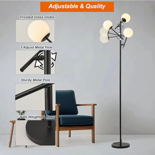 Image of Fiqevs 3 Globe Floor Lamp for Living Room, Swing Arms Standing Tree Lamp | 3000K Warm White Light, 3 LED Bulbs Included, Adjustable Orb Glass Shade Mid Modern Lamp for Bedroom /Office, Matt Black