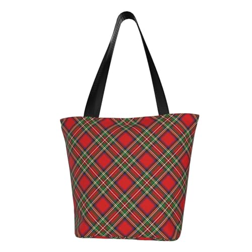 Royal Stewart Tartan Rotated Reusable Zippered Shoulder Bag, Stylish Polyester Tote With Wide Handle & Inner Pocket, Lightweight Durable Shopping & Travel Bag