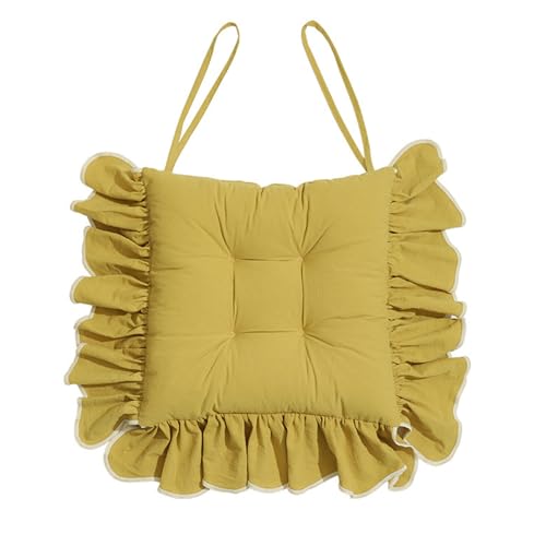 Huierxun Cotton Ruffles Chair Cushion for Dining Chairs Soft Comfortable Chair Pads with Ties Farmhouse Country Seat Cushion for Kitchen Chairs Office Chairs (Yellow,16"x16")