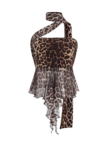 Milumia Women Leopard Print Mesh Halter Top with Scarf Ruffle Trim Crop Tops