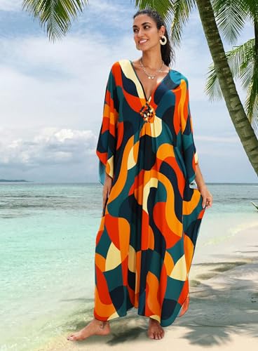 Image of Yanziliu Kaftan Dress for Women,Plus Size Hawaiian Batwing Sleeve Beach Cover Up Summer Swimsuit Dresses