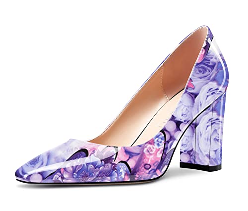 NobleOnly Femmes Haut High Bloc Chunky Talon Heel Carré Fermé Bout Slip-on Escarpins Classique Cute Dress Chaussures Violet Multicolore 42 EU