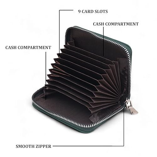 Image of VEMILIO Vegan Leather Zipper Wallet for Men & Women | 9 Card Slots | 2 Cash Compartments | Stylish Slim Credit Card Holder Purse | Travel Friendly Compact Wallet Gift for Boys Girls (Green)