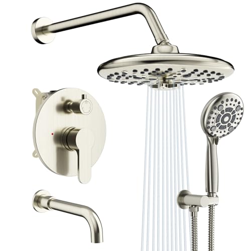 Image of SR SUN RISE 10 Inches Wall Mounted Shower System with Tub Spout Shower Tub Faucets Sets Complete Newer Model High Pressure 8-Spray Rain Shower Head and 6-Setting Handheld Combo, Brushed Nickel