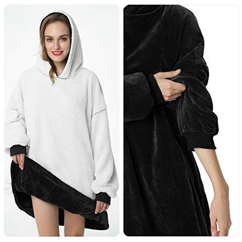 LetsFunny Oversized Hooded Blanket Sweatshirt, Super Soft Warm Comfortable Sherpa Wearable Blanket with Giant Pocket, for Adults Men Women Teenagers Kids, One Size Fits All (Black, Adult)