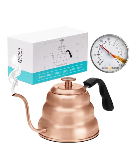 Barista Warrior Gooseneck Kettle with Built-In Thermometer for Pour Over Coffee & Tea - 1L Stainless Steel Kettle Stovetop Safe with Precision Spout - Copper Coated Stainless Steel