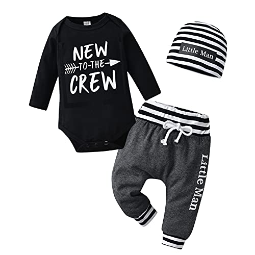 Tinykeke Newborn Baby Boy Clothes Infant Long Sleeve Romper New to The Crew Tops + Striped elements Hat and Pants 3pcs Outfits Sets (0-3 Months) Black and Deep Grey