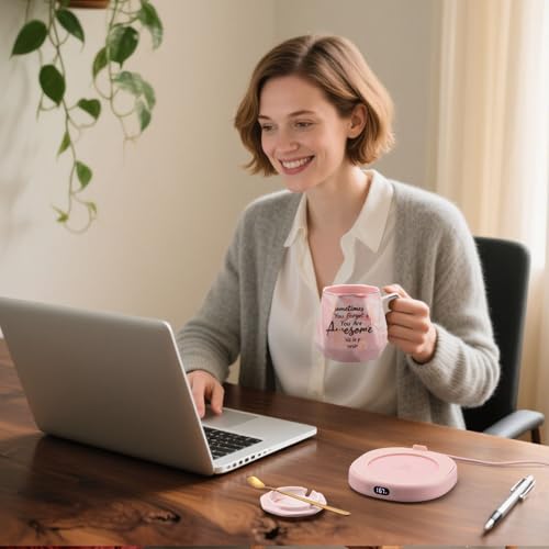 Image of Coffee Mug Warmer Set Smart Electric Heated Cup Beverage Tea Candle Plate | You are Awesome Pink Mug Electric Warmer Set for Office Desk, 4 Temperature Control 8 Hrs Auto Shut Off, Ideal Gift for Women