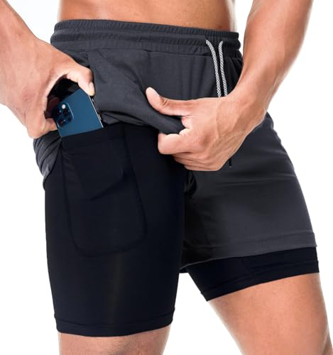 Surenow Men's Running Shorts Quick Dry Workout Gym Shorts Athletic 2-in-1 Stealth Shorts Outdoor Short for Men with Pockets Grey