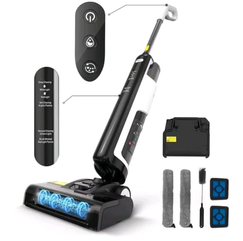 Aspiradora limpiasuelos sin cable, fregadora, seca y aspira suelos, autolimpieza, autonomía de 45 pulgadas, antienredos para el cabello, desinfección electrolítica, 1,15 l, doble depósito