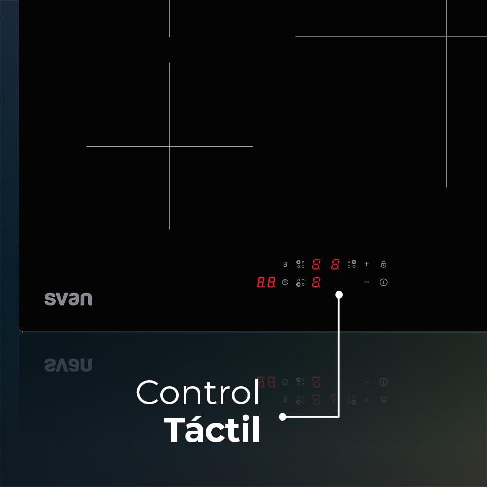 Svan Placa de Inducción Cristal negro SI3602B. Potencia máx. 6200 W, 3 Zonas de Cocción, 9 Niveles de Cocción, Control Táctil, Bloqueo y Autodesconexión de Seguridad