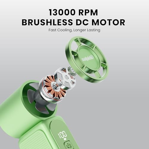 Image of SAL-TF-05 Mini Portable Fan with 13000 RPM Brushless Motor, 5 Speed Adjustment, Rechargeable USB Fan, Compact Handheld Cooling Fan for Travel, Office, Makeup & Outdoor Use (Green)