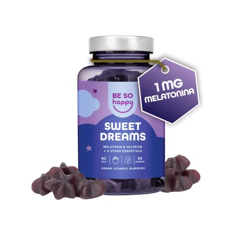Gominolas de Melatonina para Dormir | Con Melatonina, Valeriana, Pasiflora, Manzanilla, Lavanda y Vitamina B6 | Sabor Arándano | 60 Gominolas | Veganas, Sin Gluten ni Lactosa | BeSoHappy®