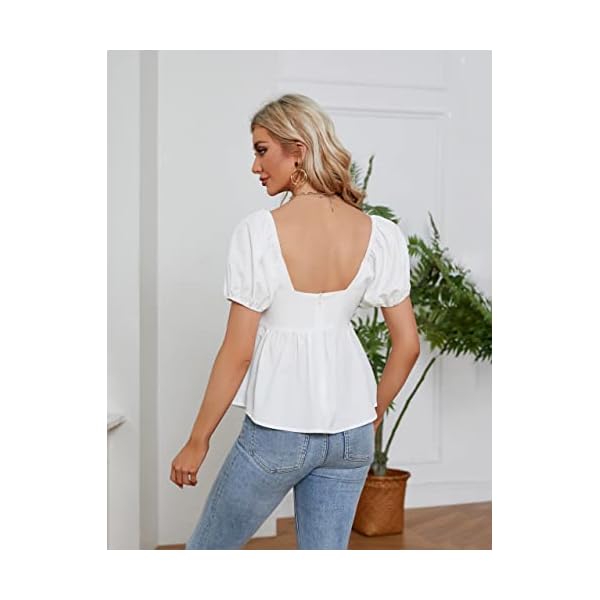 Blooming-Jelly-Womens-Cute-Tops-Peplum-Puff-Sleeve-Going-Out-V-Neck-Sexy-Tops-Backless-Ruffle-Hem-V-Wire-Zip-Blouse Blooming Jelly Womens Cute Tops Peplum Backless Puff Sleeve Trendy Blouses Ruffle Hem V Neck Sexy Tops (Small, White)