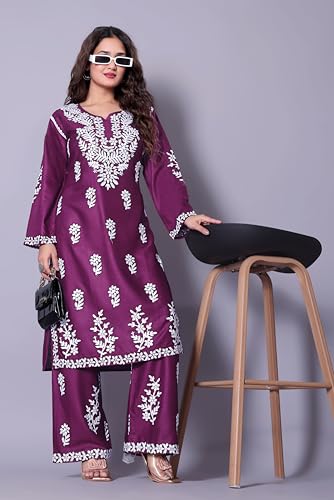Image of Women's Embroidered Kurta with Palazzo Set, Purple, Floral Chikankari Work, Full Sleeve, Ethnic Wear
