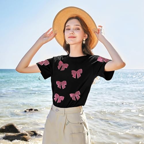 Womens Bow Shirt Coquette Aesthetic Shirts Cute Sequin Graphic Tees Trendy Pink Bow Ribbon Short Sleeve Tee Tops2