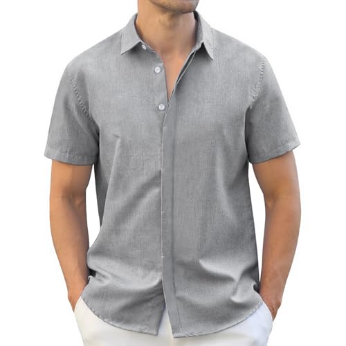 Rioofinx Men's Button-Down Shirts Wrinkle Free Short Sleeve Shirt Textured Linen-Look Casual Top for Summer, Beach Vacation Linen-Grey M