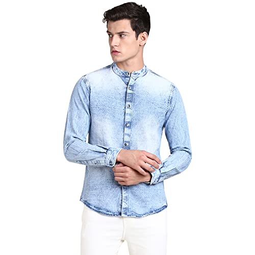 Image of Dennis Lingo Men's Solid Denim Cotton Slim Fit Full Sleeve Mandarin Collar Casual Shirt