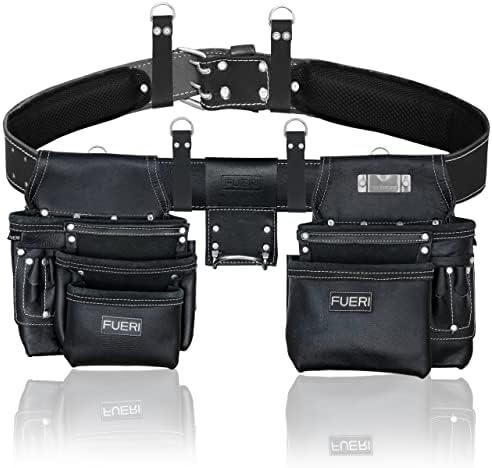 FUERI Tool Pouch Framers Combo Tool Belt Tool Kit | Heavy Duty Pro Gauge Leather Rig Riveted Reinforcement Organizer Tool Holder Drill Holster Multipurpose 17 Pocket (Excluding Tools) (Black)