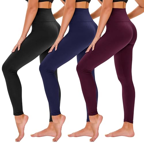 TNNZEET 3 Pack Leggings for Women - Black Tummy Control High Waisted Soft Yoga Pants for Workout Gym Running with Pockets Large-X-Large 01 Black/ Navy Blue/ Purple