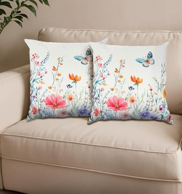 2PCS Spring Pillow Covers 18x18, Butterfly Pillow Covers, Boho Floral Farmhouse Decor, Removable Washable Cushion Cases for Couch Porch Living Room