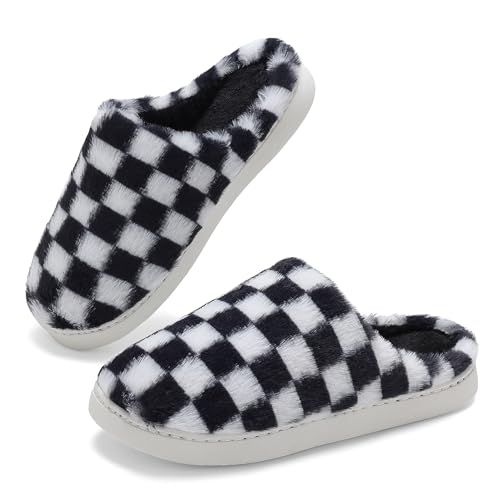 Women House Checkered Slippers - Mens Cozy Fuzzy Plaid Memory Foam Slippers with Faux Fur Lining for Indoor & Outdoor Comfort Soft Slides(BlackWhite,11-12Women/9-10Men)3