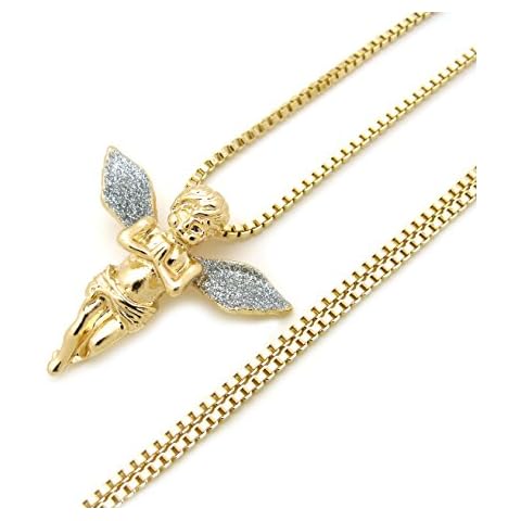 Fashion 21 Sparkled Micro Angel Cherub Pendant 2mm 24 inches Box Chain Necklace Gold Silver Tone Cover
