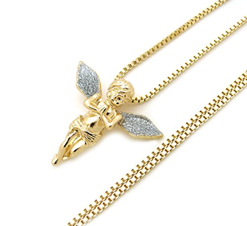 Fashion 21 Sparkled Micro Angel Cherub Pendant 2mm 24 inches Box Chain Necklace Gold Silver Tone
