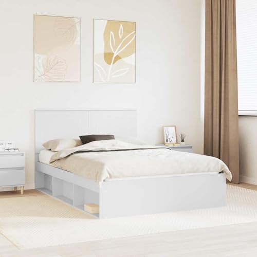 Tonture Marco de cama con cabecero blanco 150 x 200 cm, marco de cama de pino macizo, moderna cama con plataforma para dormitorio, cama estable, muebles, fácil montaje, capacidad de carga de 200 kg