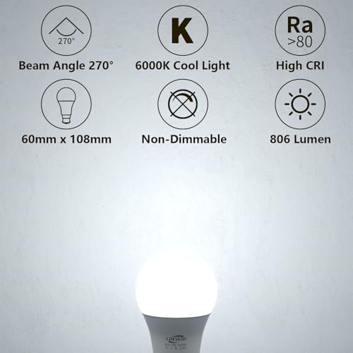 B22 Bayonet LED Bulbs 60W Equivalent, 9W Light Bulb, 806 Lumens, 6000K Cool White, Energy Saver Bulb, Non-Dimmable, Pack of 6 - Image 3
