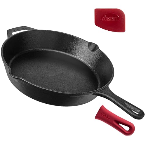 Comparison: Best Cuisinel Pre Seasoned Cast Iron Skillet 6 Cuisinel Cast Iron Skillet - 12"-Inch Frying Pan with Assist Handle + Red Silicone Grip Cover - Pre-Seasoned Oven Safe Cookware - Indoor/Outdoor Use - Grill, Stovetop, Induction, BBQ and Firepit Safe