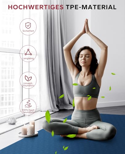 HAPBEAR Yogamatte XXL-183cmx91cmx6mm Dicke, Extra Groß Rutschfest Breit Yoga Matte, Gymnastikmatte Sportmatte Fitnessmatte,TPE Matte Trainingsmatte,Inklusive Resistance Bands & Tragetasche,Marineblau