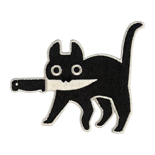 Patch gato negro con cuchillo parche bordado termoadhesivo 7 x 8 cm