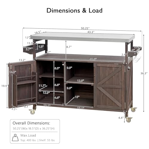 Image of Merax Outdoor Kitchen Island, Rolling Bar Cart & Storage Cabinet, Farmhouse Solid Wood Outdoor Grill Table with Stainless Steel Top, Spice Rack, Towel Rack for Kitchen & Barbecue, Dark Brown