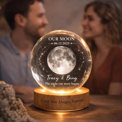 Image of Evamall Personalized Moon Phase Crystal Ball Night Light, Custom Night Sky By Date Lamp, Our Special Day Keepsake Gift for Couple Anniversary Wedding