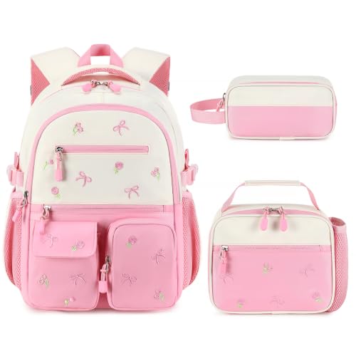Image of DIGOBAY Backpack for Girls 6-8, 3PCS Embroidery Toddler Girls Backpack with Lunch Bag Pencil Case, 15.7 inch Kids School Bookbag for Preschool Kindergarten Elementary Daycare Backpacks, Pink Bow