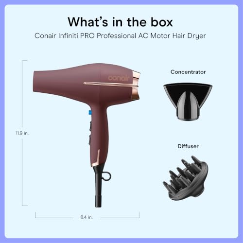 Image of Conair Professional AC Motor Hair Dryer | Fast Drying Professional Airflow for All Hair Types, Includes Concentrator and Diffuser, Plum, 650AML