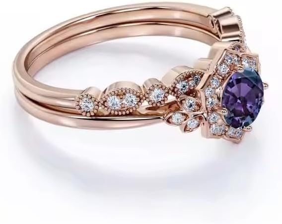 Round Shape Alexandrite With Moissanite Wedding Ring Set Art Deco 2 Piece Color Changing Engagement Ring Set for Women Bridal Promise Ring Set For Women Handmade Ring