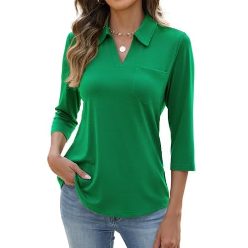 AKEWEI Womens 3/4 Length Sleeve Tops V Neck Casual Basic Tees Work Polo Shirts Collared Summer Top with Front Pocket B-green Small