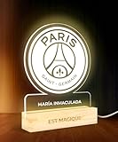 LIENZODECOR Lámpara de Mesa con Escudo del Paris Saint|Germain 15x22 cm | Lamparas ideales de Mesita de Noche | Luz Nocturna Infantil con Luz Led conexión USB | Regalos Personalizados y Originales