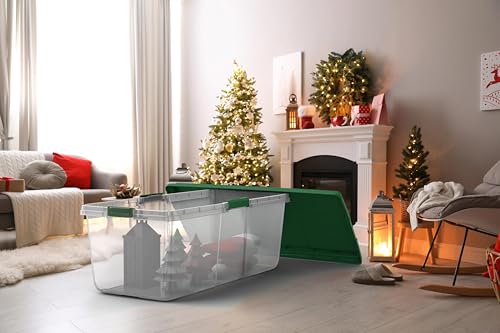 Image of Christmas 113 Quart Storage Bins with Lids, Clear Plastic Latched Storage Container with Red Hi-Rise Lid (Set of 4) (Green)